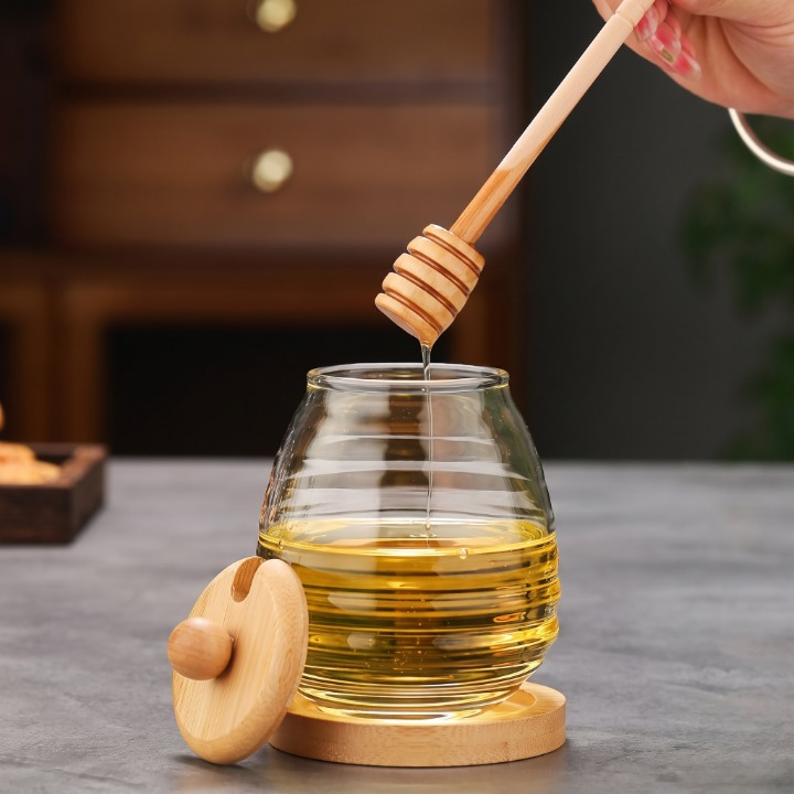 Glass Honey Jar With Wooden Lid & Dipper