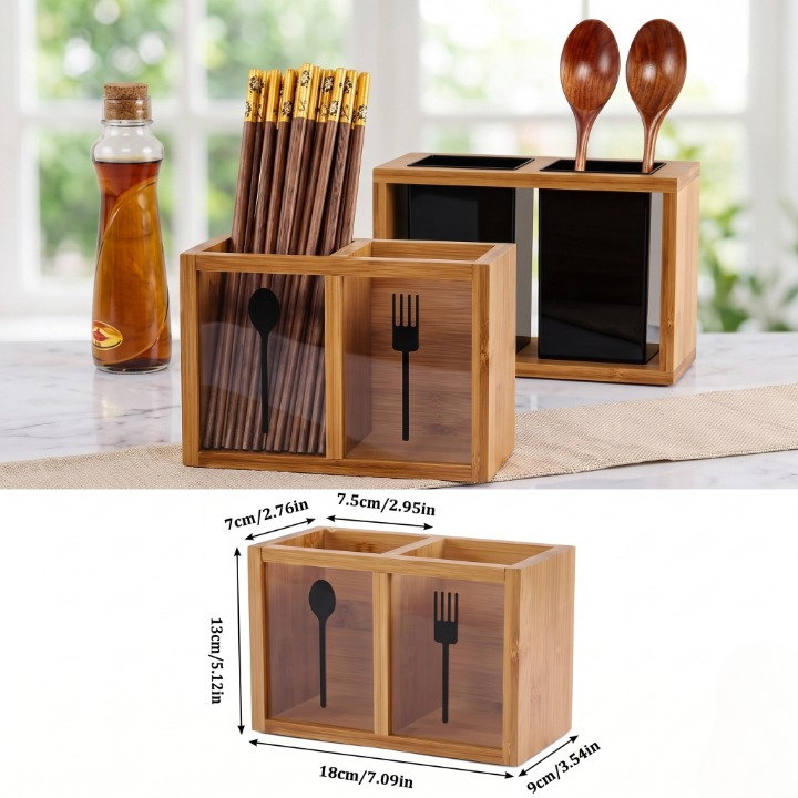 2-Section Wooden Spoon & Fork Storage Organizer