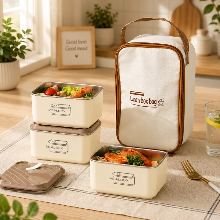 3PCs Stainless Steel Square Insulated Boxes With Thermal Bag
