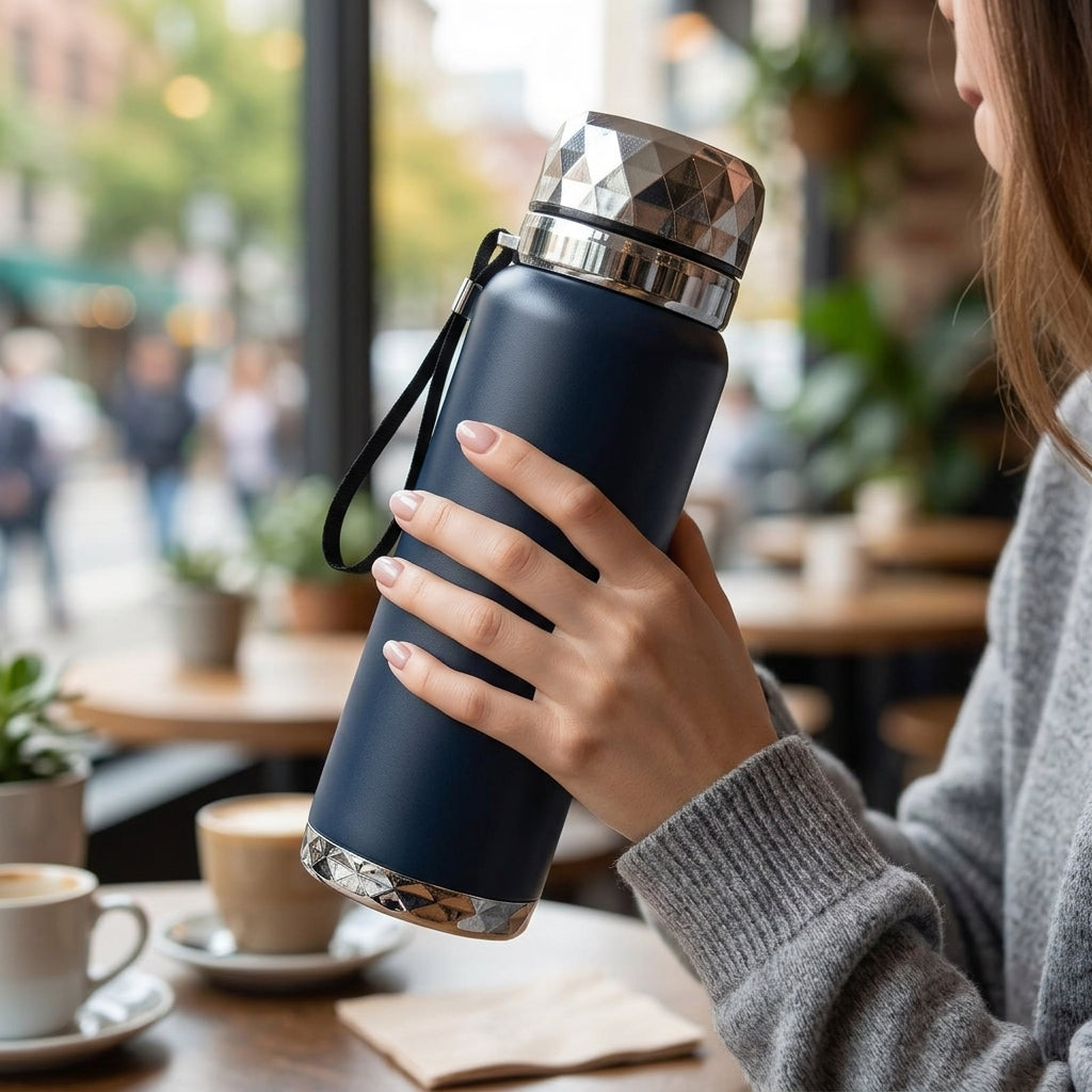 Luxury Diamond Cut Hot & Cold Water Bottle with Strap