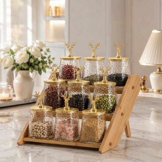 9-Jar Glass Spice Wooden Rack with Deer LId