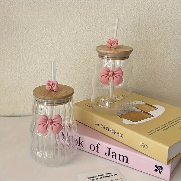 4PCs Glass Cup With Wooden Lid and Straw