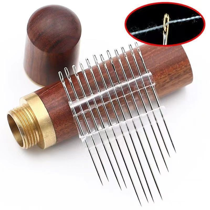 12Pcs Threading Needles With Wood Case