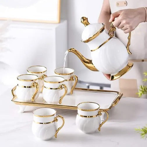 6PC Ceramics Tea Set With Golden Border Tray
