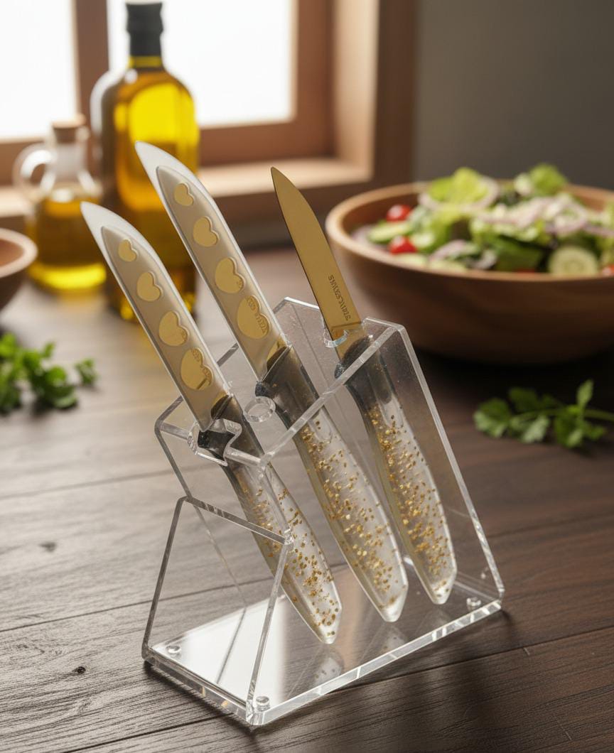 Pack of 3 Stainless Steel Gold color Knife and Safety cover  with acrylic Handpiece