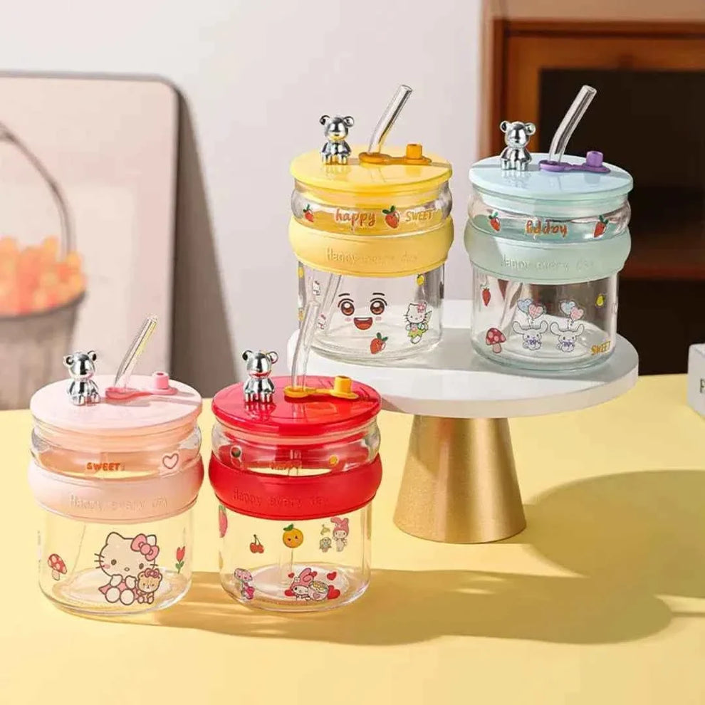Elegant Teddy Glass Cup with Straw