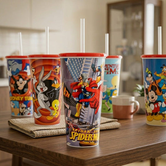 Cartoon Printed Reusable Cup with Lid & Straw