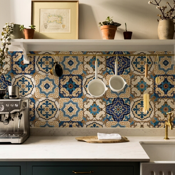 12pcs Blue & White Tile Stickers – Waterproof Peel & Stick Home Decor