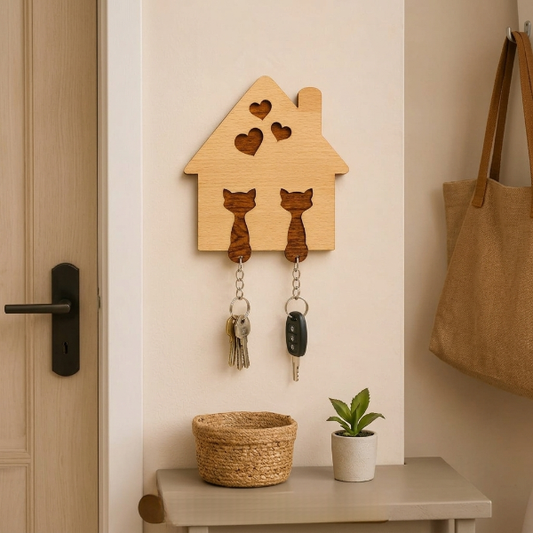Wooden Cat House Key Holder