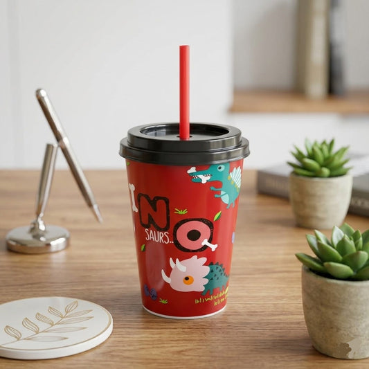 Cartoon Printed Reusable Cup with Lid & Straw