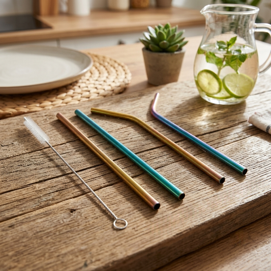 4PCs Rainbow Steel Straw With Cleaning Brush