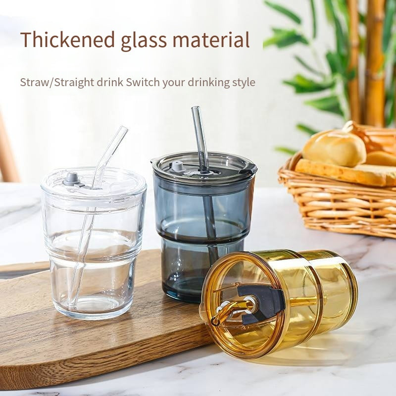 Leather Cover Glass Cup With Lid Straw