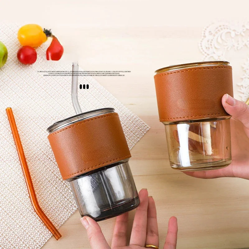 Leather Cover Glass Cup With Lid Straw