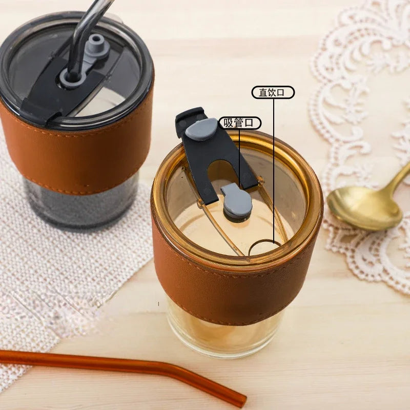 Leather Cover Glass Cup With Lid Straw