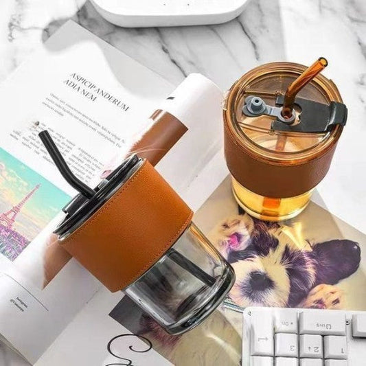 Leather Cover Glass Cup With Lid Straw