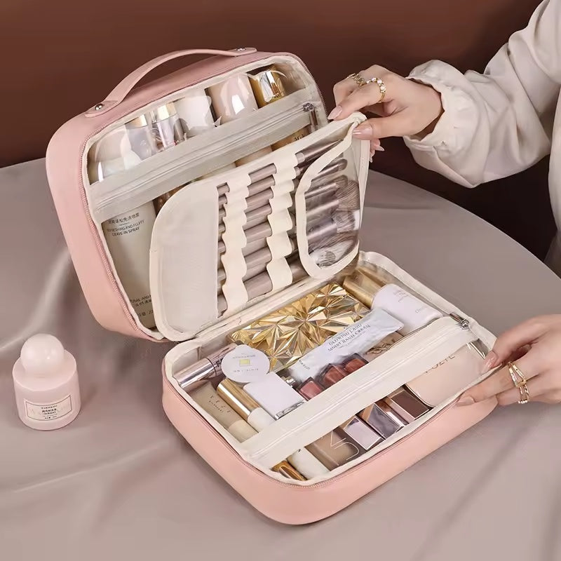 Multi Compartment Leather Cosmetic Bag