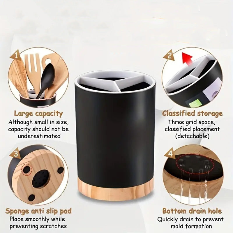 Elegant Utensil Storage Holder With Wooden Base