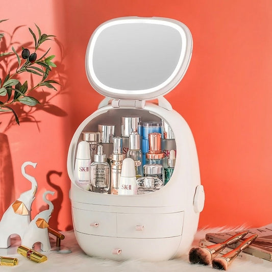 Portable Cosmetic Organizer With LED Light Mirror