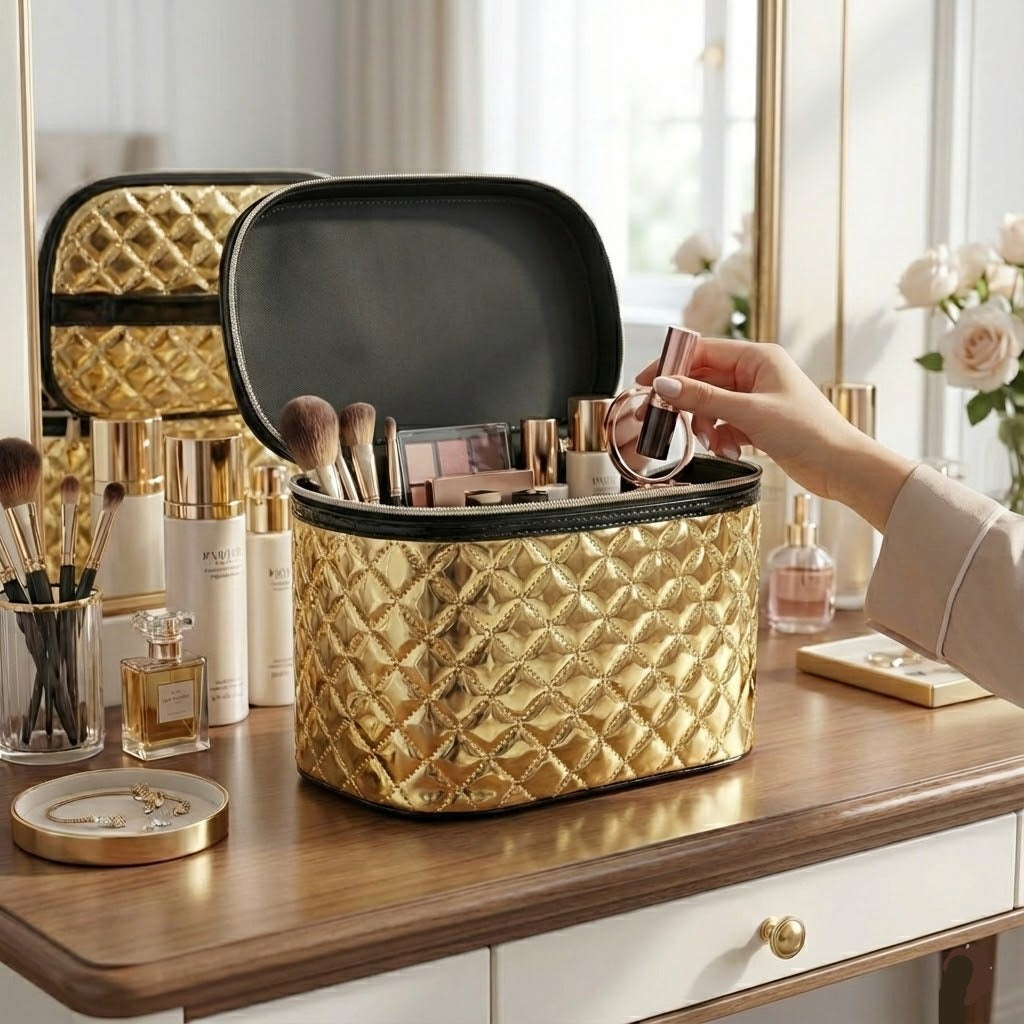 Portable Golden Makeup & Cosmetic Bags