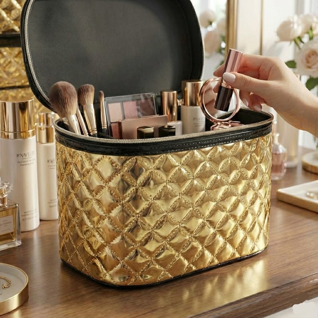 Portable Golden Makeup & Cosmetic Bags
