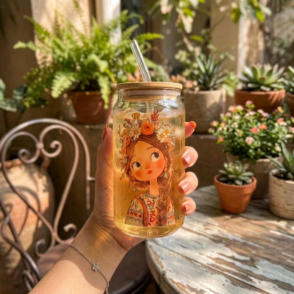 Elegant Floral Girl Glass Mug with Wooden Lid