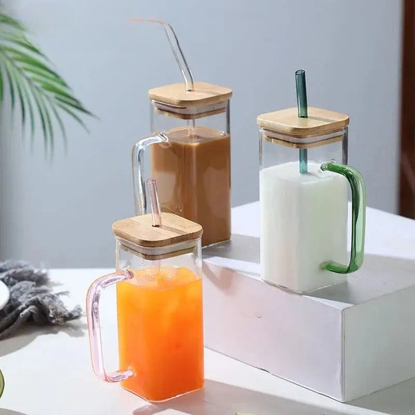 Glass Mug With Wooden Lid And Straw