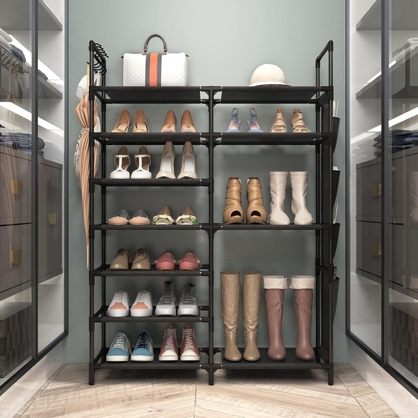 7 Layer Durable Metal Shoe Rack with Side Pockets