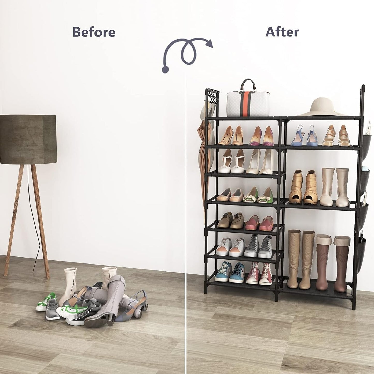 7 Layer Durable Metal Shoe Rack with Side Pockets