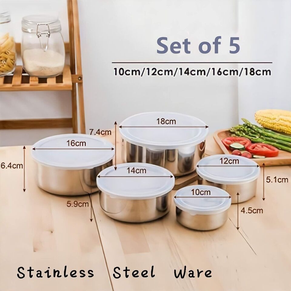 Set of 5 Stainless Steel Food Storage Containers With Lids