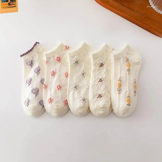 5Pairs/ Set Women Flower Embroidery Socks