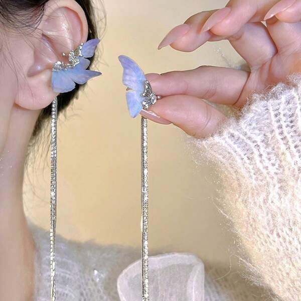 Zircon Butterfly Long Tassel Earrings