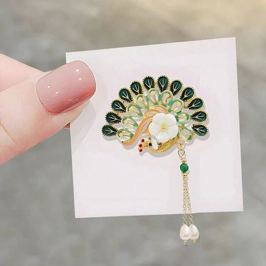 Glamorous Peacock Pearl Tassel Pin Brooch