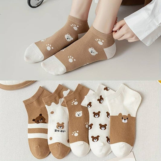 5 Pairs Cute Teddy Bear Printed Socks