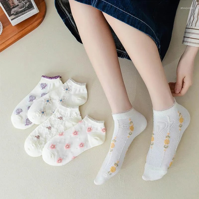 5Pairs/ Set Women Flower Embroidery Socks