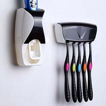 Automatic Hands-Free Wall Mounted Toothpaste Dispenser Squeezer with Detachable 5 Hole Toothbrush Holder