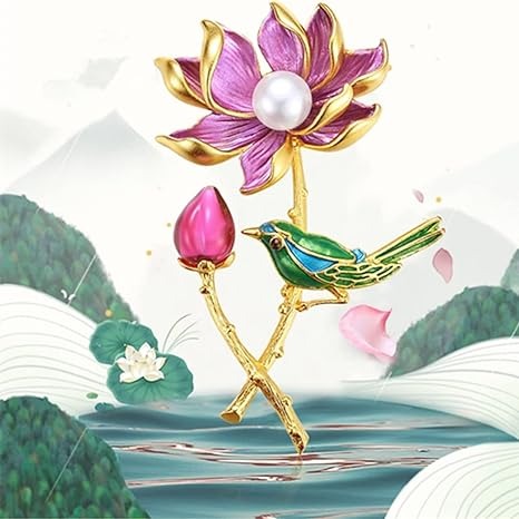 Exquisite Pearl Lotus & Magpie Pin Brooch