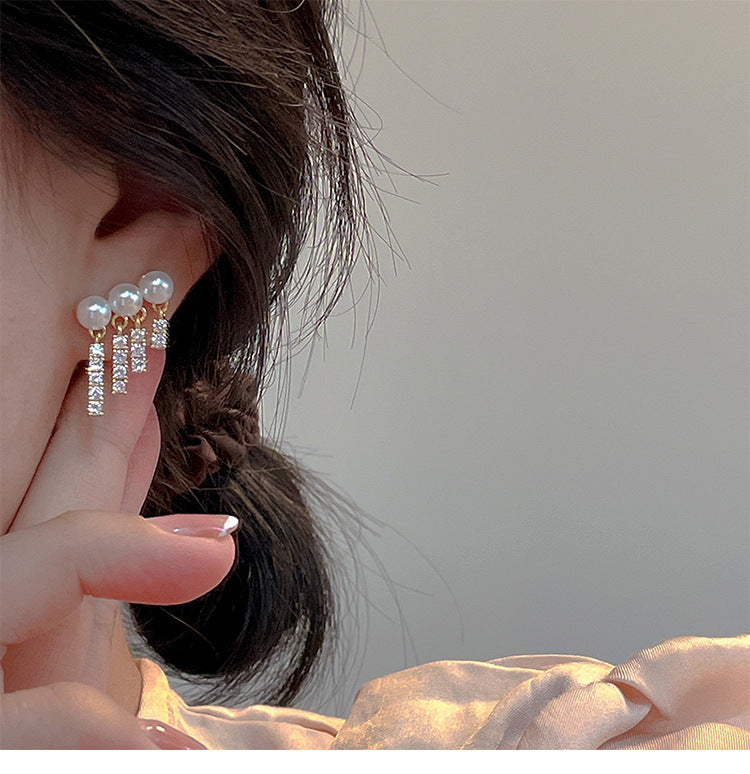Triple Rhinestone & Pearl Earrings