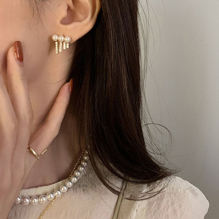 Triple Rhinestone & Pearl Earrings
