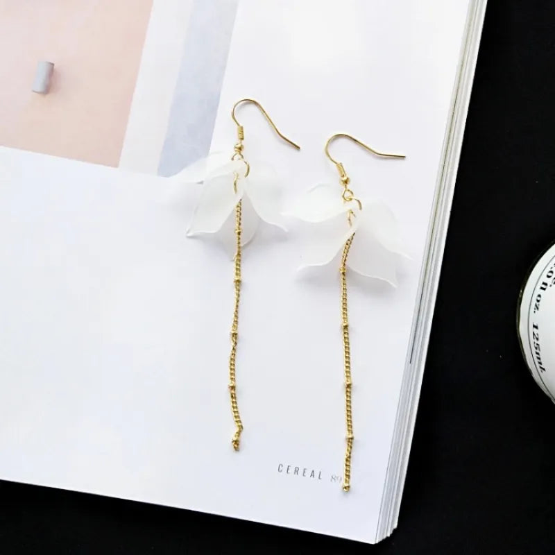 White Flower Petal Long Tassel Earrings