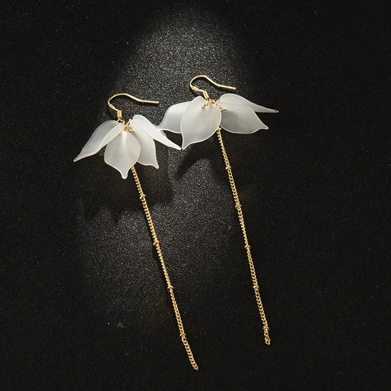 White Flower Petal Long Tassel Earrings