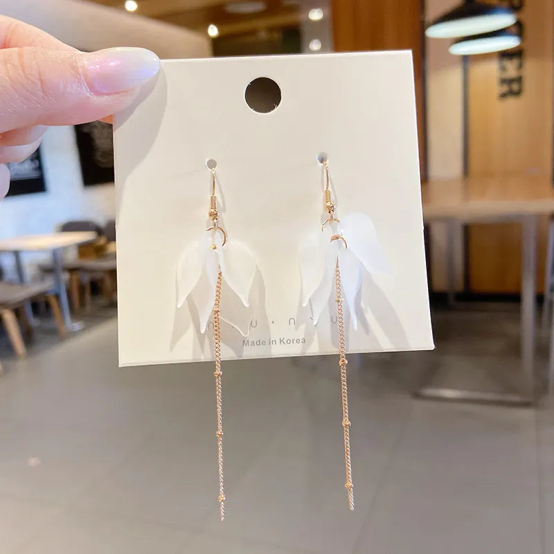 White Flower Petal Long Tassel Earrings