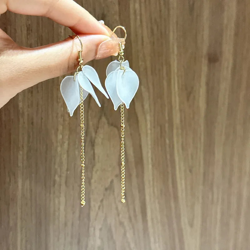 White Flower Petal Long Tassel Earrings