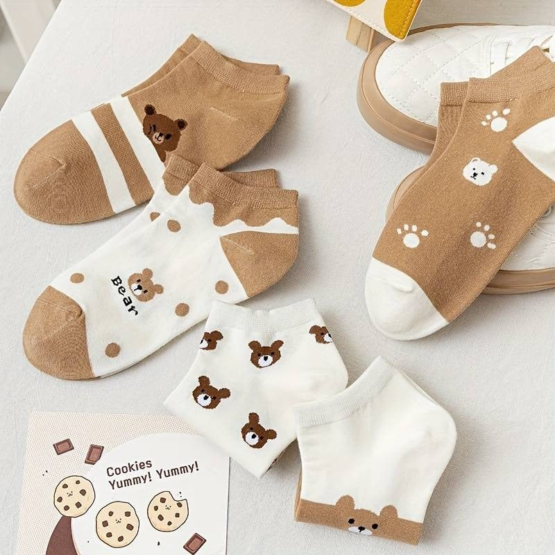 5 Pairs Cute Teddy Bear Printed Socks