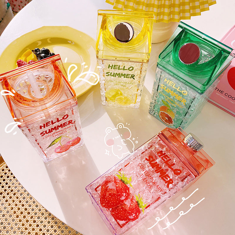 Double Layer Creative Square Ice Fruit Bottle With Straw.