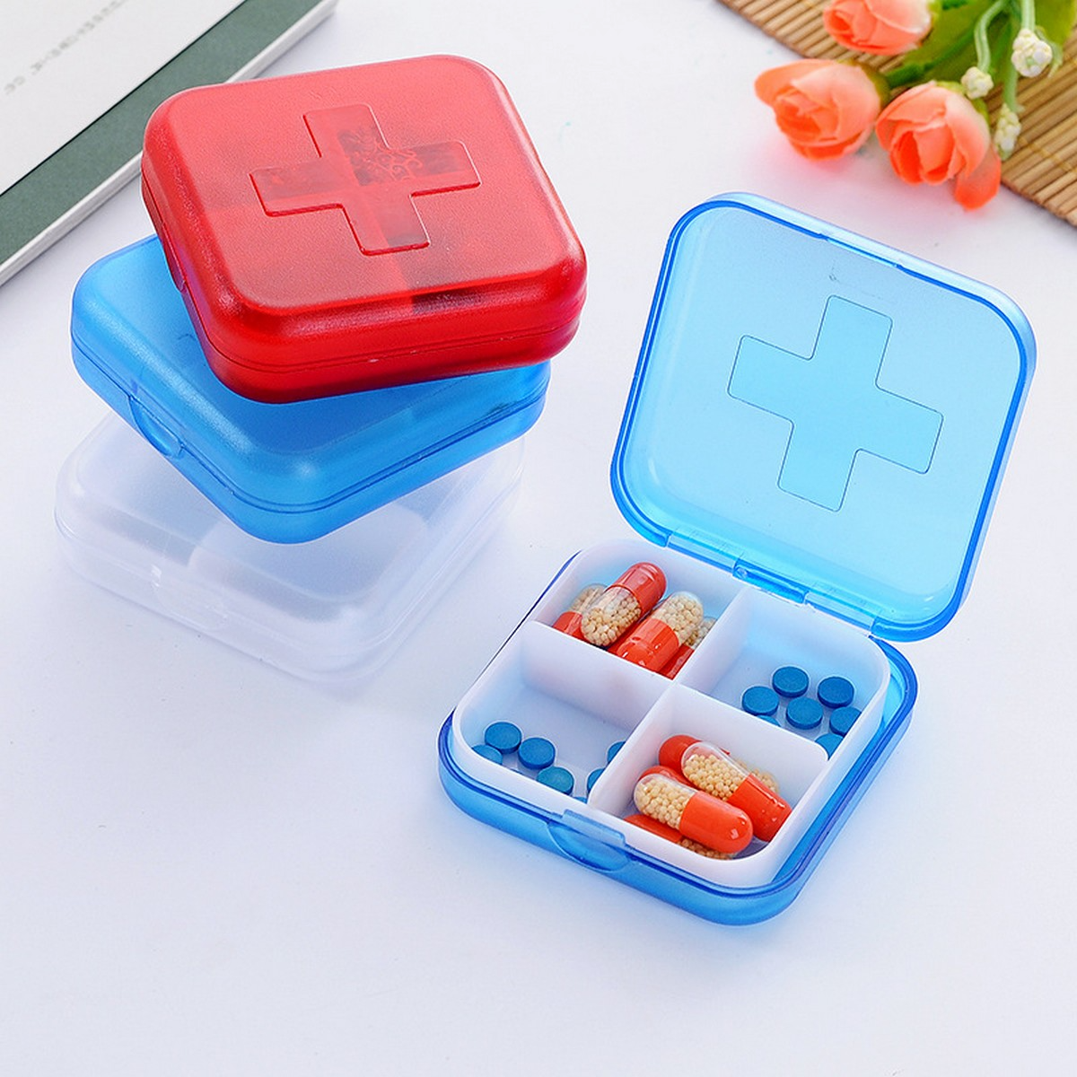 Mini Medicine Box Holder Organizer Container Pill Cases , travel 4 grid box