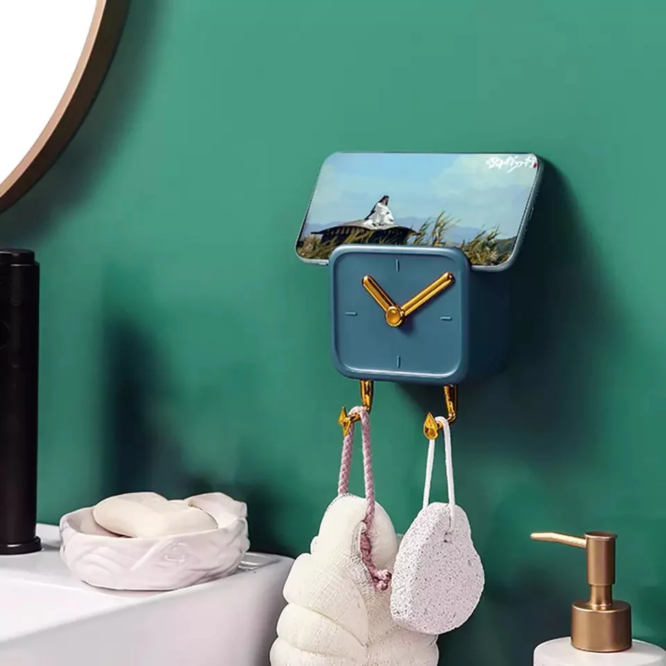 Creative Clock Wall Hanging Storage Box with Hook Kitchen Bathroom Bedside Organizer Shelf Mobile Phone Holder