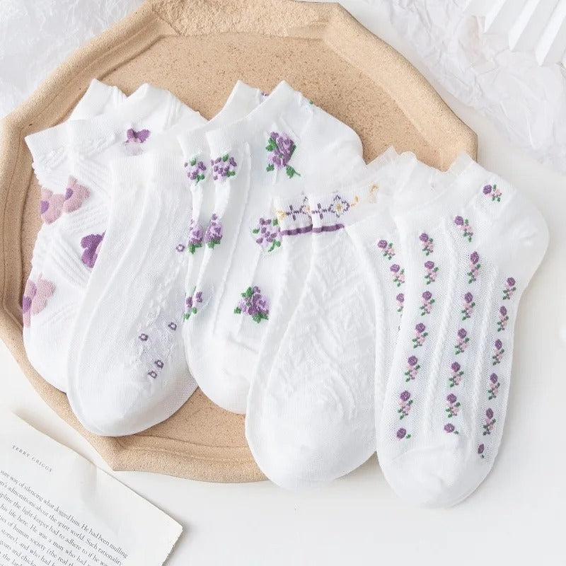 5 Pairs/Set Women Flower Print Summer Socks