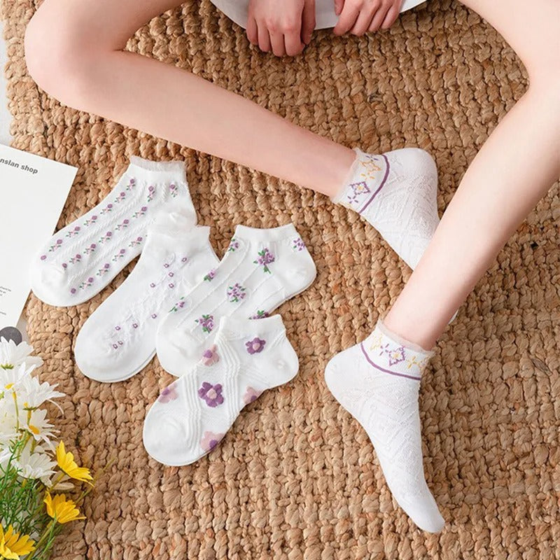 5 Pairs/Set Women Flower Print Summer Socks