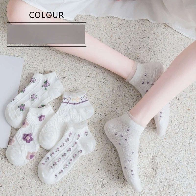 5 Pairs/Set Women Flower Print Summer Socks