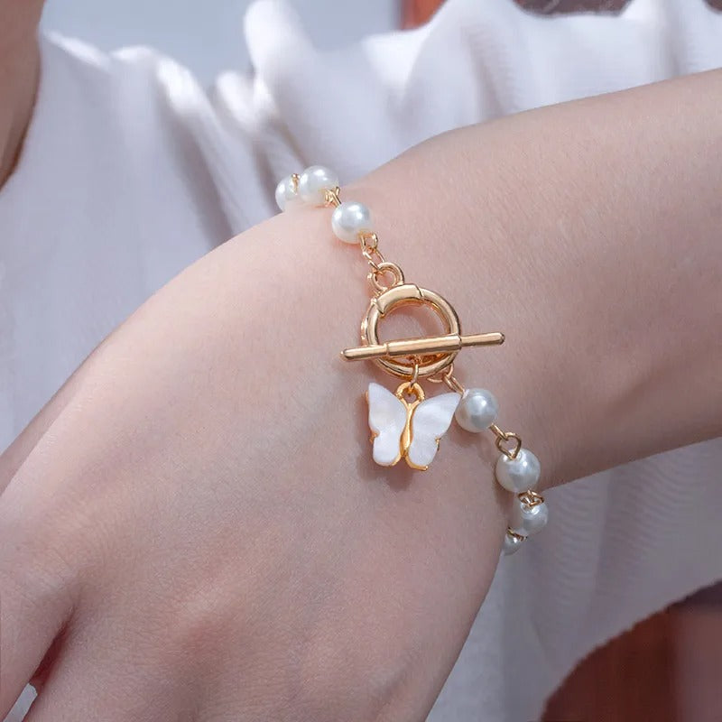 Elegant Pearl Tassel Butterfly Bracelet (random color)